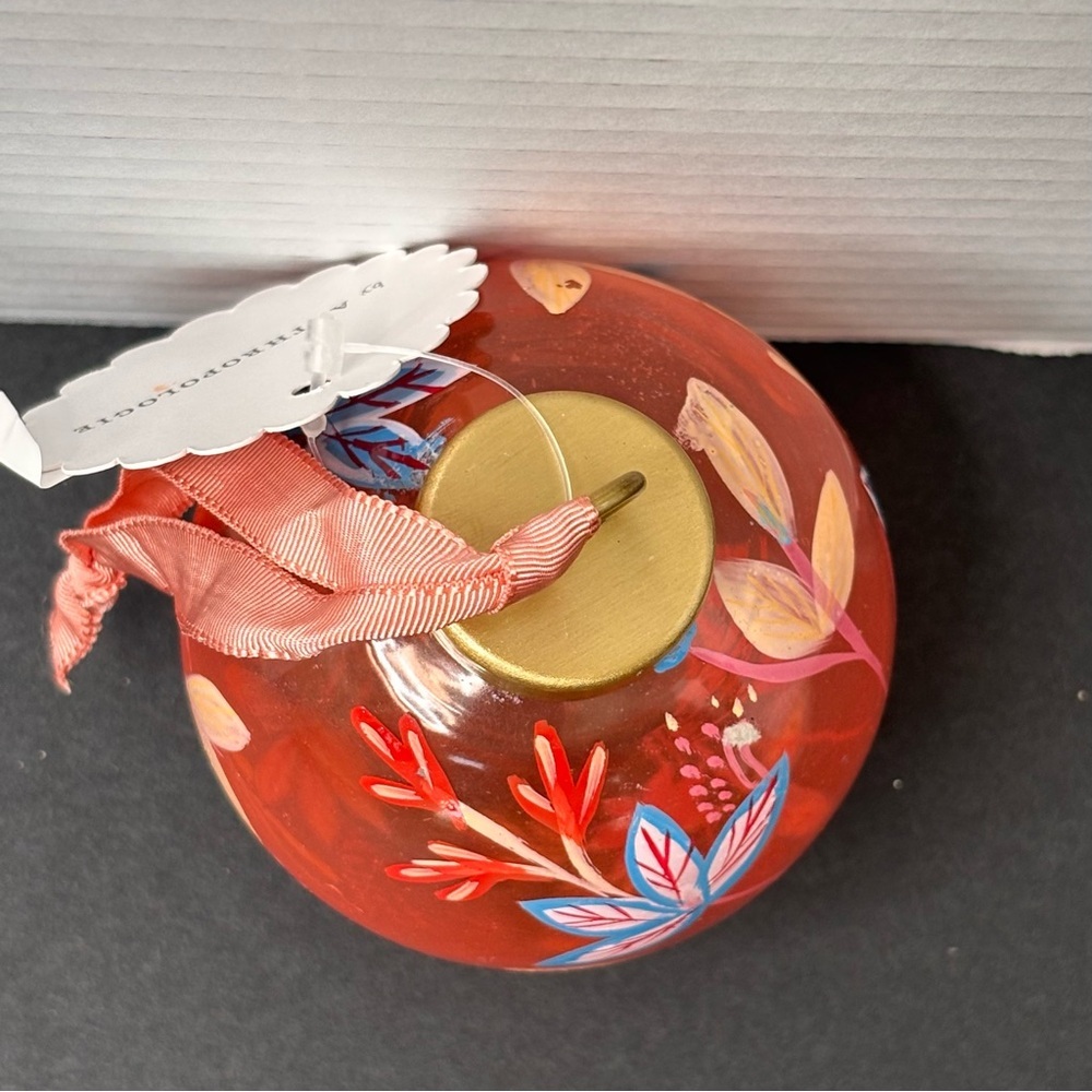 NWT ANTHROPOLOGIE Hand Painted Floral Orange Glass Christmas Holiday Ornament - Picture 7 of 10